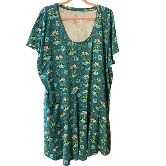 Princess Awesome Frog Pond Dress 32-34 Teal Lotus Frog Print Pockets plus size - Picture 2 of 9